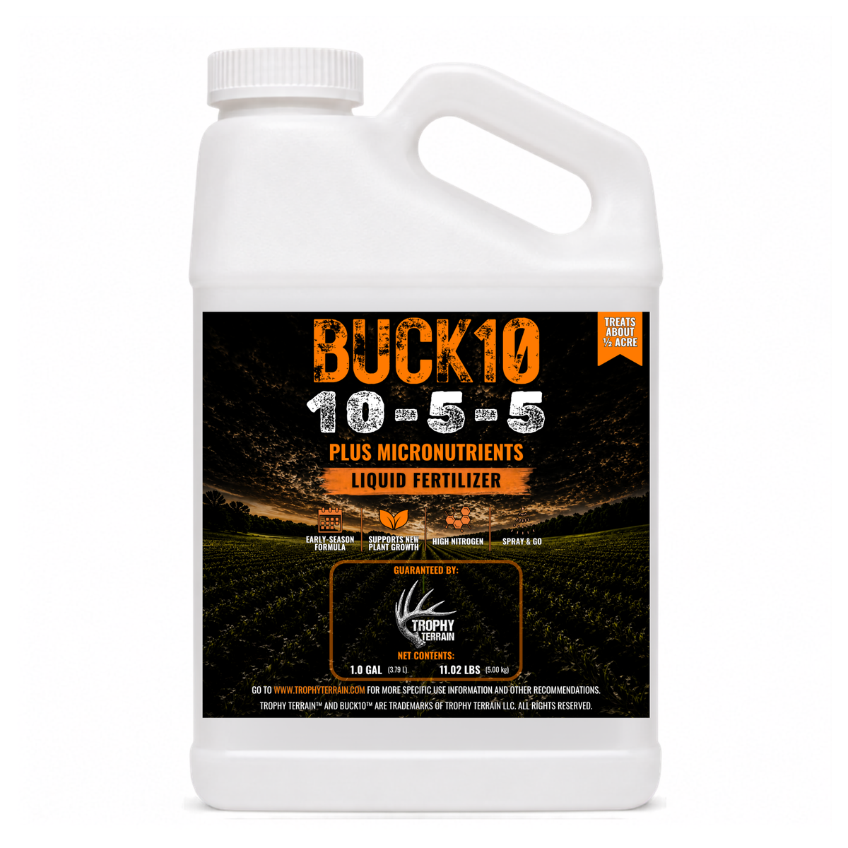 Buck 10 one-gallon liquid food plot fertilizer that drives food plot growth and tonnage