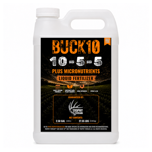 Buck 10 2.5-gallon liquid food plot fertilizer, 10-5-5 sized to treat about an acre