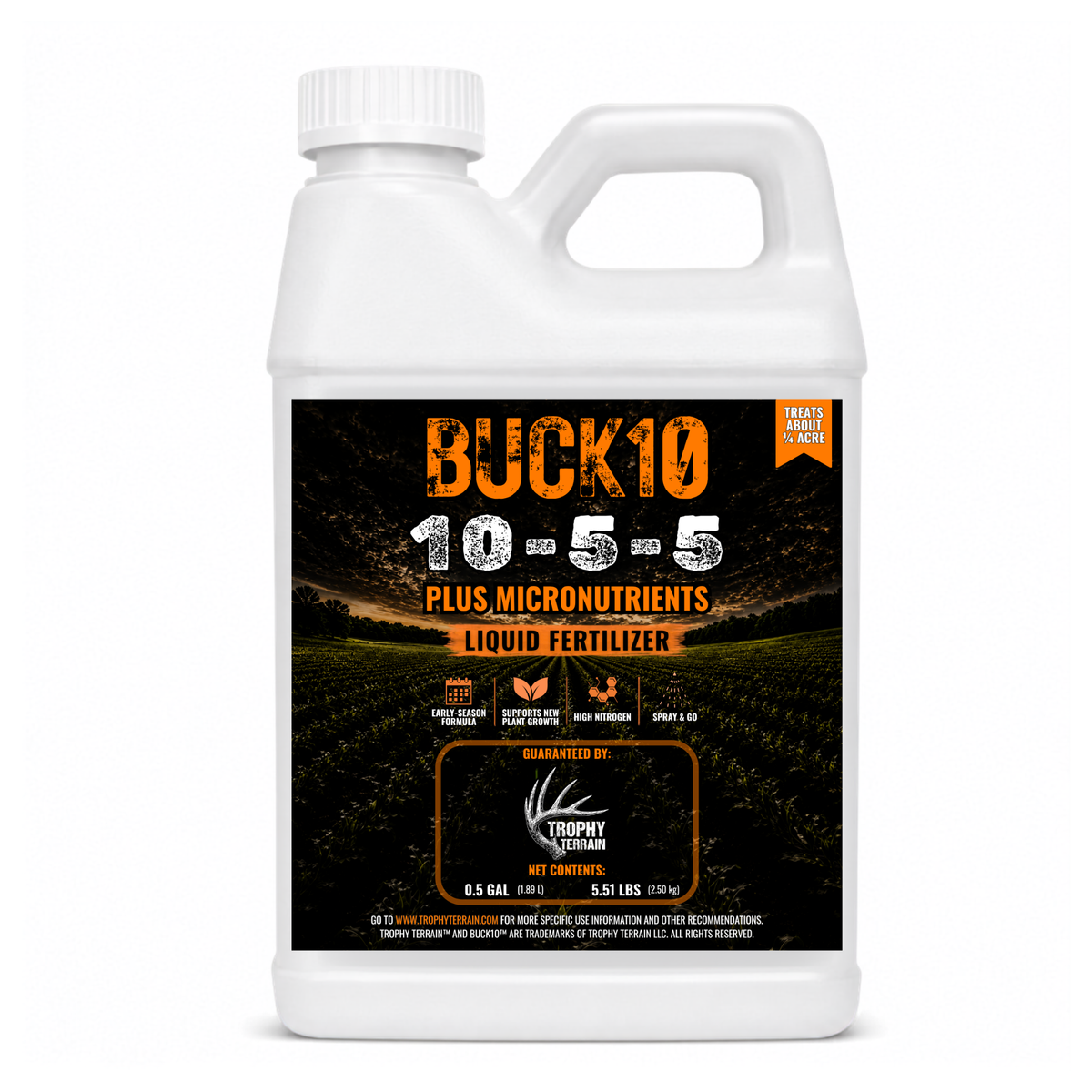 Buck 10 half-gallon liquid food plot fertilizer, 10-5-5 high-nitrogen feed for early plot growth