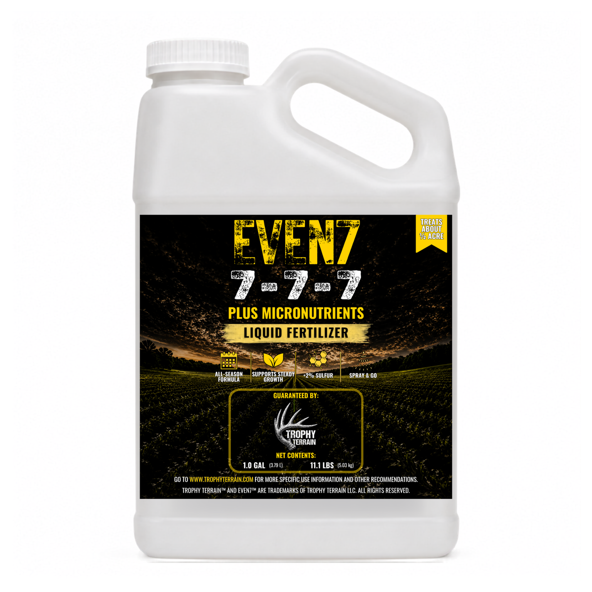 Even 7 one-gallon liquid food plot fertilizer, 7-7-7 all-season feed for a half-acre plot