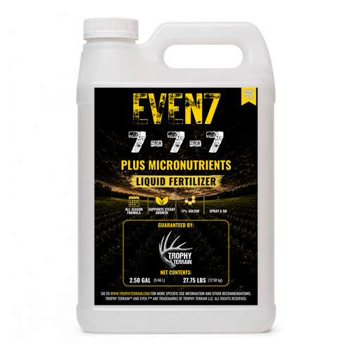 Even 7 2.5-gallon liquid food plot fertilizer, balanced 7-7-7 sized to treat about an acre
