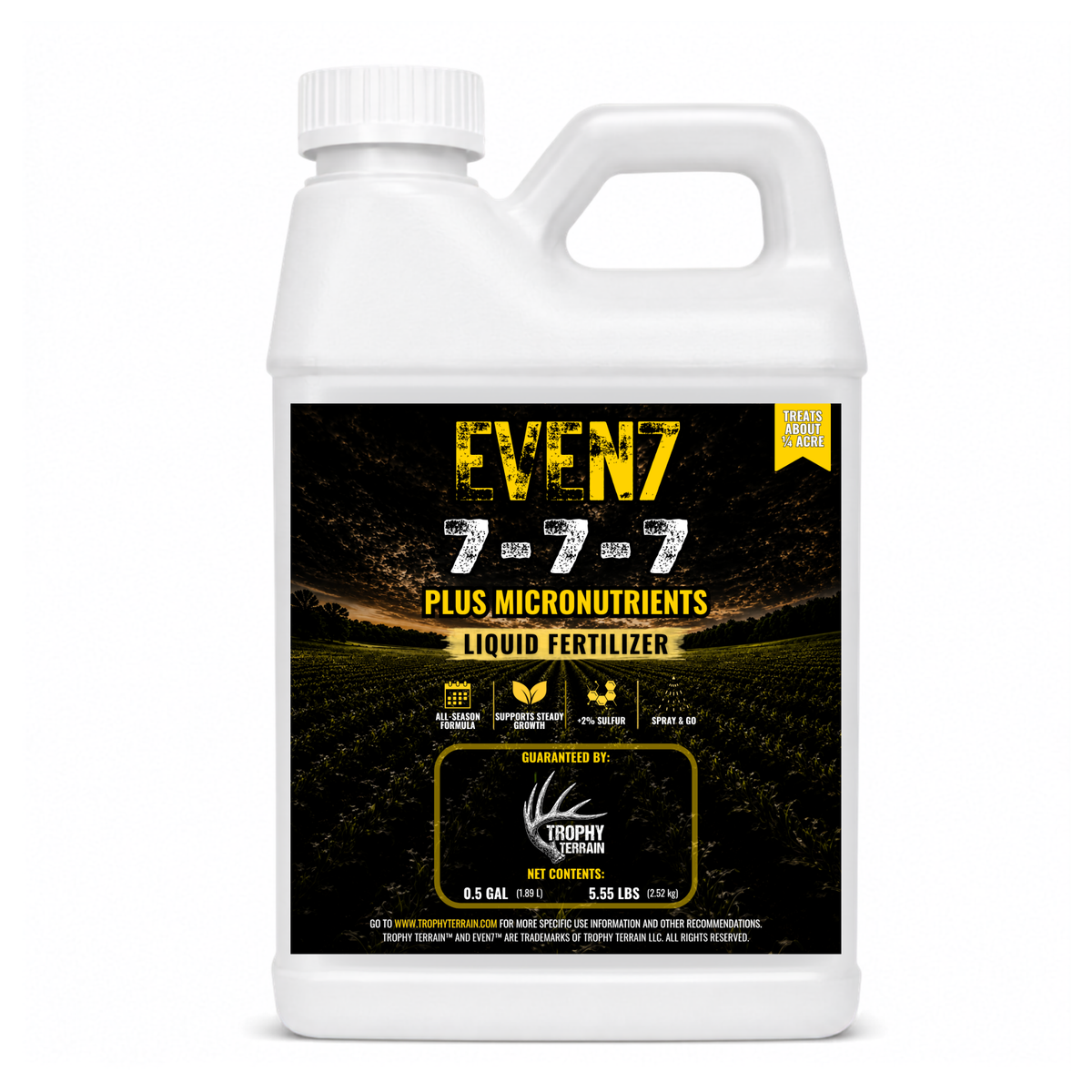 Even 7 half-gallon liquid food plot fertilizer, balanced 7-7-7 feed for a quarter-acre plot