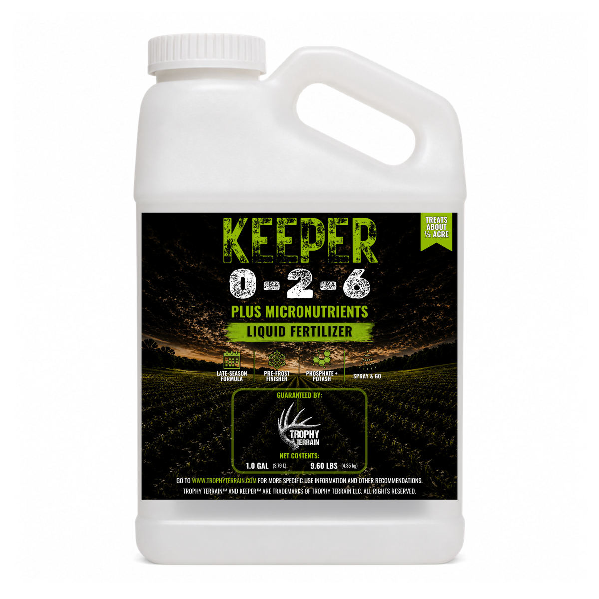 Keeper one-gallon late-season liquid food plot fertilizer, 0-2-6 to finish a half-acre plot