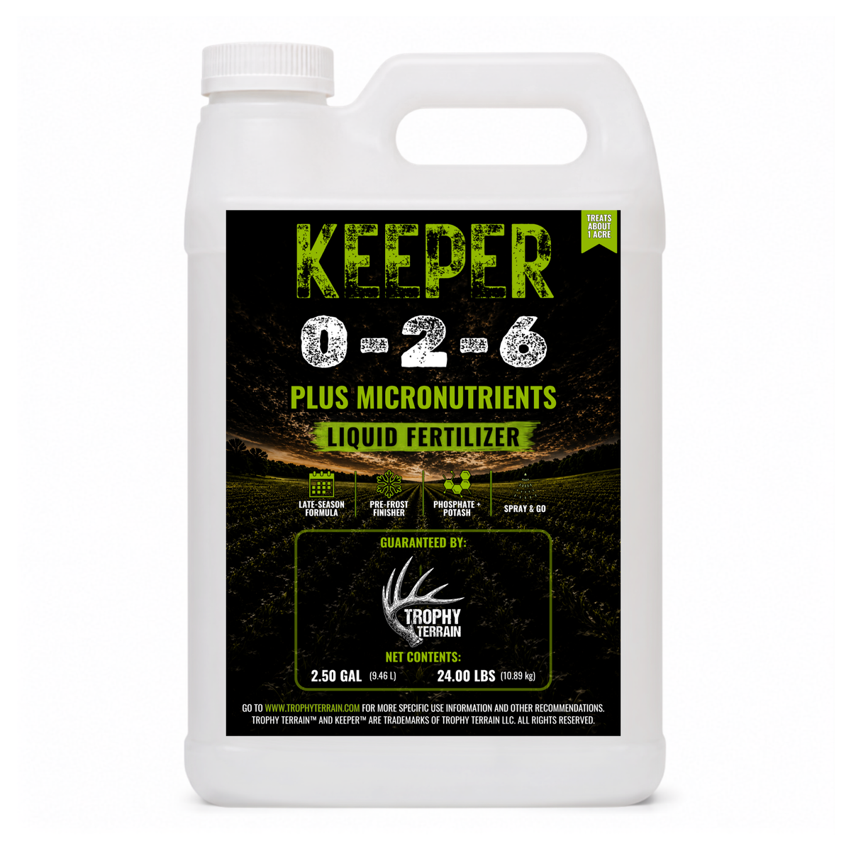 Keeper 2.5-gallon late-season liquid food plot fertilizer, 0-2-6 sized to treat about an acre