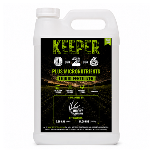 Keeper 2.5-gallon late-season liquid food plot fertilizer, 0-2-6 sized to treat about an acre