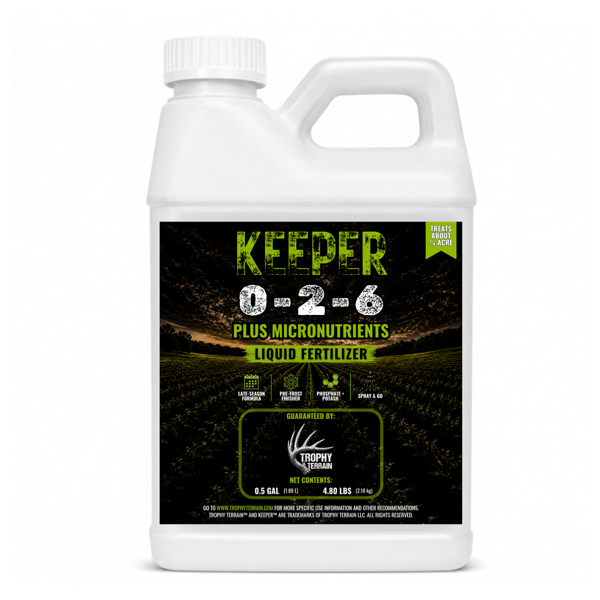 Keeper half-gallon late-season liquid food plot fertilizer, 0-2-6 with humic and kelp